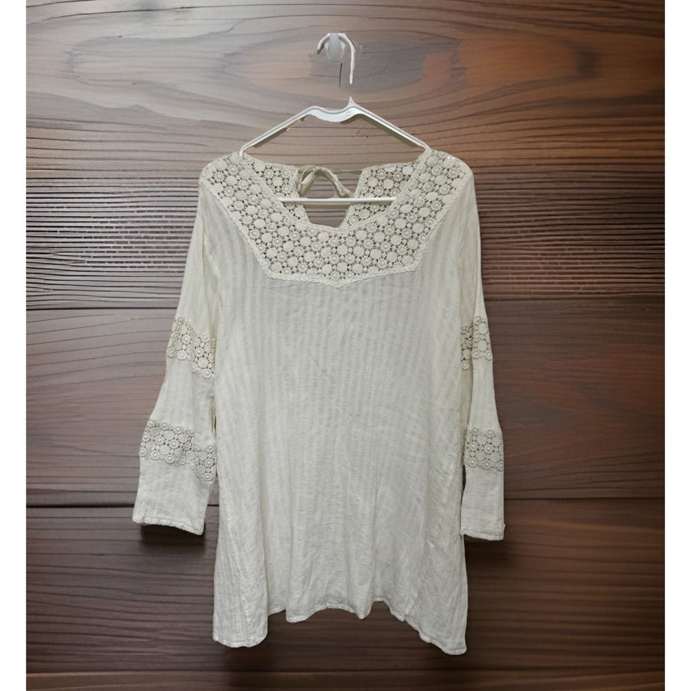 Free People Blouse Womens Large Tunic Ivory Lace Peasant Boho Top Crochet Cotton